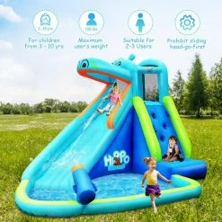 Blue Inflatable Kids Hippo Bounce House Slide Climbing Wall Splash Pool with Bag by Costway -Pool Supplies Sales Store blue costway pool toys op70100 4f 1000