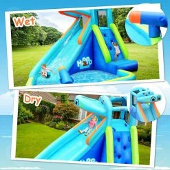 Blue Inflatable Kids Hippo Bounce House Slide Climbing Wall Splash Pool with Bag by Costway -Pool Supplies Sales Store blue costway pool toys op70100 fa 1000