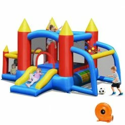 142 in. x 110 in. x 79 in. Cloth Blue Kid Inflatable Bounce House Slide Jumping Castle with Soccer Goal Ball Pit&Blower by Gymax