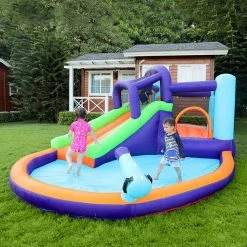 Blue Inflatable Bounce House for Kids Play Water Park with Slide Bouncing Area Playing Pool Climbing Wall Air Blower by Kingdely 13 Blue Inflatable Bounce House for Kids Play Water Park with Slide Bouncing Area Playing Pool Climbing Wall Air Blower by Kingdely -Pool Supplies Sales Store blue pool toys kf020204 01 xin c3 1000