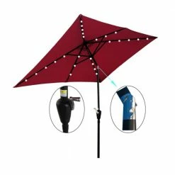 10 ft. x 6.5 ft. Rectangular Patio Solar LED Lighted Outdoor Umbrellas with Crank in Burgundy by Unbranded
