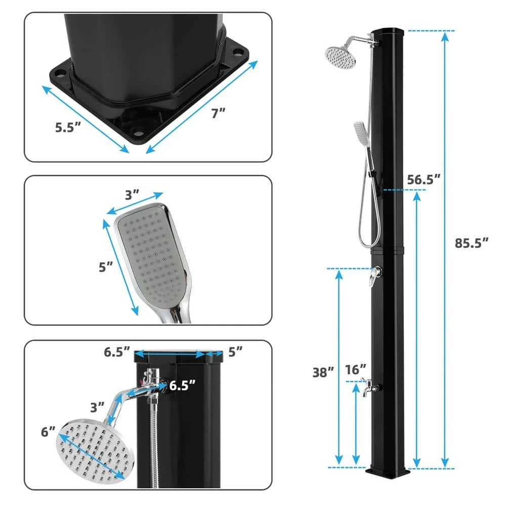 7.2 ft. 9.3 Gal. Solar Heated Shower with Rain Shower, Foot Shower and Hand Shower in Black by Costway 5 7.2 ft. 9.3 Gal. Solar Heated Shower with Rain Shower, Foot Shower and Hand Shower in Black by Costway - Image 3