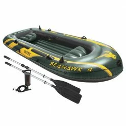 Seahawk 4 Inflatable 4 Person Floating Boat Raft Set with Oars and Air Pump by Intex