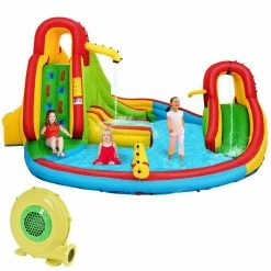 Multi-Color Kids Inflatable Water Slide Bounce Park Splash Pool with Water Cannon and 480-Watt Blower by Costway