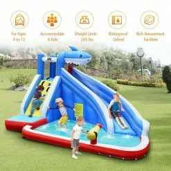 Multi-Color Inflatable Water Slide Shark Bounce House Castle Splash Water Pool without Blower by Costway 16 Multi-Color Inflatable Water Slide Shark Bounce House Castle Splash Water Pool without Blower by Costway -Pool Supplies Sales Store multi color costway pool toys op70399 1f 1000