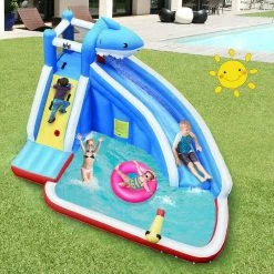 Multi-Color Inflatable Water Slide Shark Bounce House Castle Splash Water Pool without Blower by Costway 15 Multi-Color Inflatable Water Slide Shark Bounce House Castle Splash Water Pool without Blower by Costway -Pool Supplies Sales Store multi color costway pool toys op70399 4f 1000