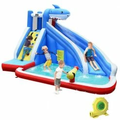 Multi-Color Inflatable Water Slide Shark Bounce House Castle Splash Water Pool with 750-Watt Blower by Costway