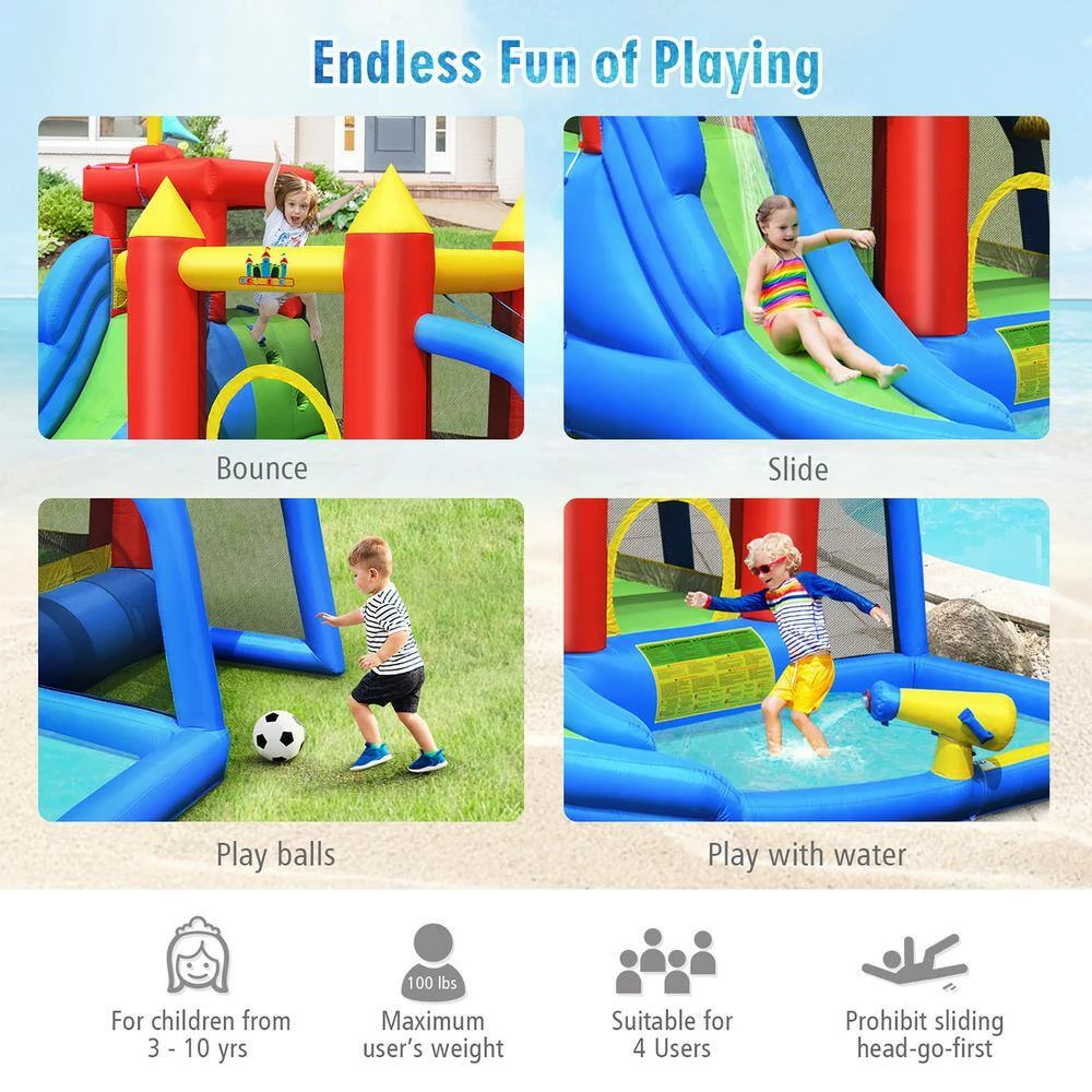 Inflatable Bouncer Water Climb Slide Bounce House Splash Pool with Blower by Costway 8 Inflatable Bouncer Water Climb Slide Bounce House Splash Pool with Blower by Costway - Image 6