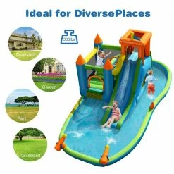 Fabric Inflatable Water Slide Kids Bounce House Splash Water Pool with Blower by Costway 18 Fabric Inflatable Water Slide Kids Bounce House Splash Water Pool with Blower by Costway -Pool Supplies Sales Store multi colors costway pool toys op70708 1f 1000