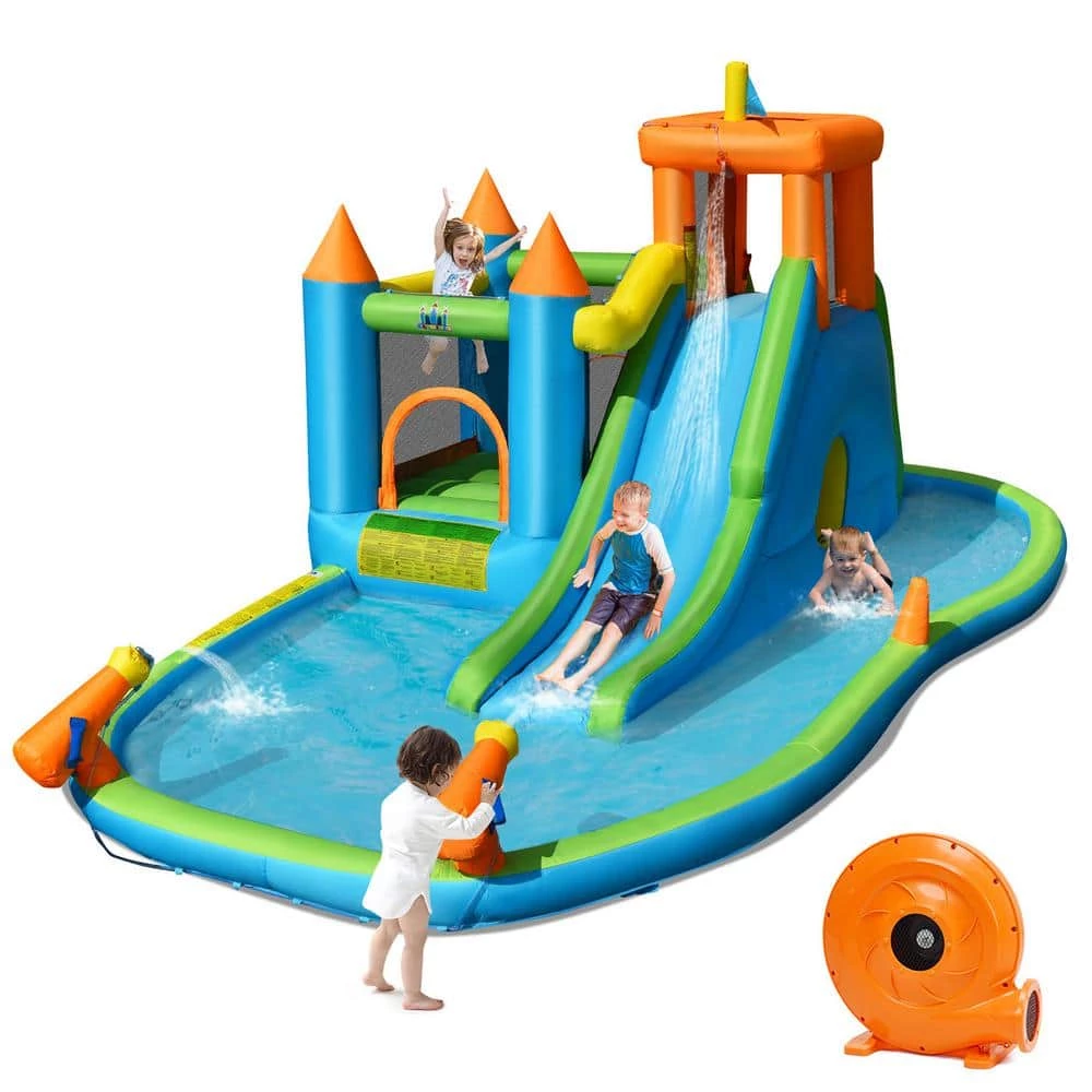 Fabric Inflatable Water Slide Kids Bounce House Splash Water Pool with Blower by Costway 3 Fabric Inflatable Water Slide Kids Bounce House Splash Water Pool with Blower by Costway