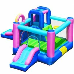 Fabric Inflatable Bounce Castle Dual Slides Jumping Bouncer with Climbing Wall by Costway