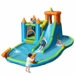 Fabric Inflatable Water Slide Kids Bounce House Splash Pool without Blower by Costway