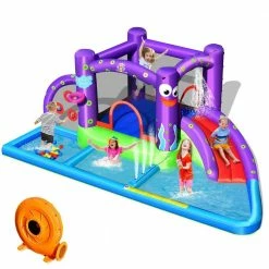 Inflatable Water Slide Castle Kids Bounce House w/Octopus Style and 750-Watt Blower by Gymax