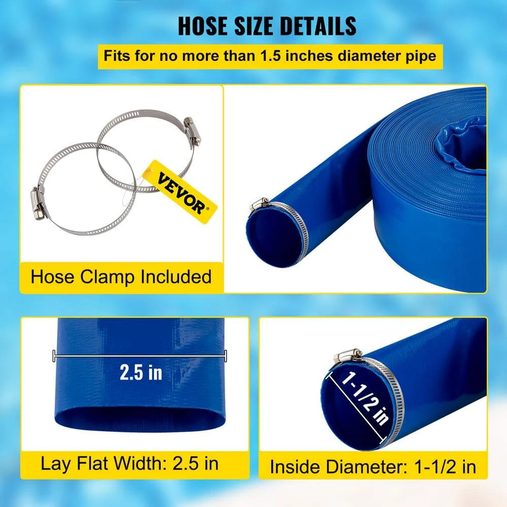 Discharge Hose 1-1/2 in. Dia x 105 ft. PVC Fabric Lay Flat Hose with Clamps Heavy Duty Backwash Drain Hose Burst-Proof by VEVOR 6 Discharge Hose 1-1/2 in. Dia x 105 ft. PVC Fabric Lay Flat Hose with Clamps Heavy Duty Backwash Drain Hose Burst-Proof by VEVOR - Image 4