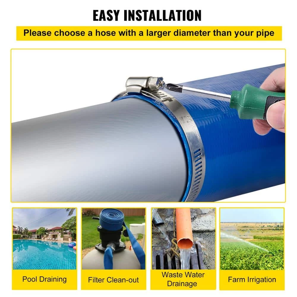 Discharge Hose 1-1/2 in. Dia x 105 ft. PVC Fabric Lay Flat Hose with Clamps Heavy Duty Backwash Drain Hose Burst-Proof by VEVOR 8 Discharge Hose 1-1/2 in. Dia x 105 ft. PVC Fabric Lay Flat Hose with Clamps Heavy Duty Backwash Drain Hose Burst-Proof by VEVOR - Image 6