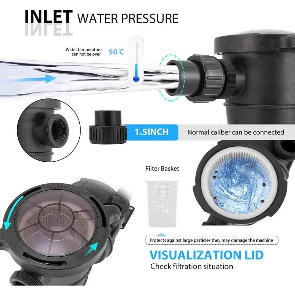 1.5 HP 8350 GPH 3450 RPM Powerful Above Ground Swimming Pool Pump with Strainer Basket by VIVOHOME 7 1.5 HP 8350 GPH 3450 RPM Powerful Above Ground Swimming Pool Pump with Strainer Basket by VIVOHOME - Image 5