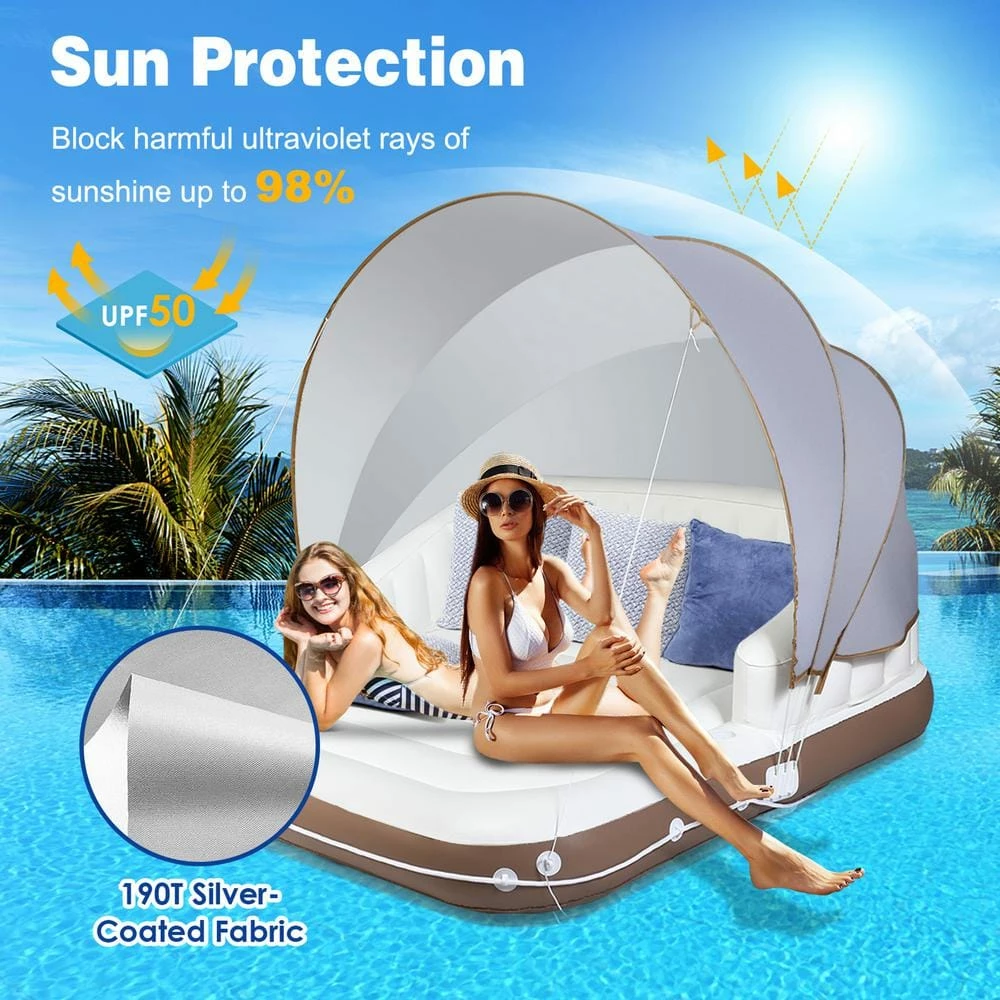 63 in. x 71 in. White PVC Floating Canopy Island Inflatable Pool Float Lounge Raft with Retractable Canopy by Gymax 12 63 in. x 71 in. White PVC Floating Canopy Island Inflatable Pool Float Lounge Raft with Retractable Canopy by Gymax - Image 10