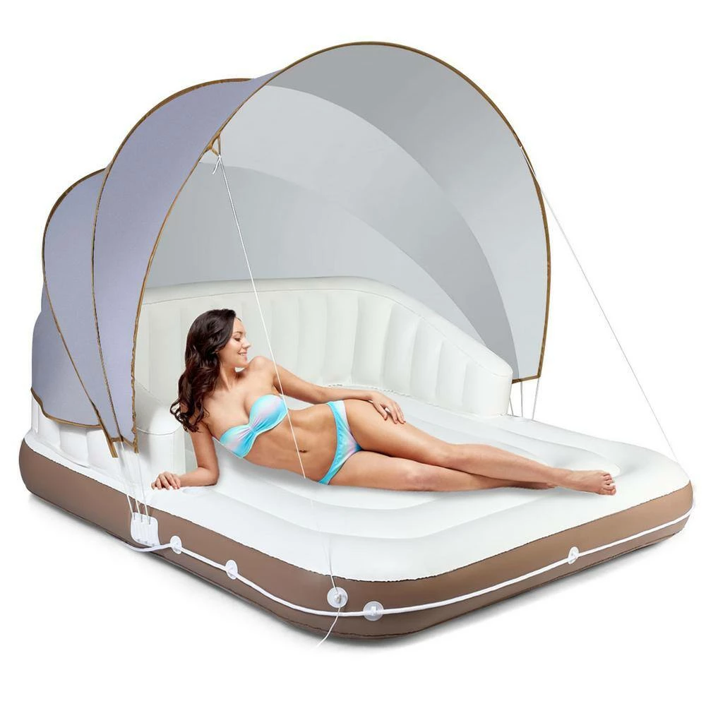63 in. x 71 in. White PVC Floating Canopy Island Inflatable Pool Float Lounge Raft with Retractable Canopy by Gymax 5 63 in. x 71 in. White PVC Floating Canopy Island Inflatable Pool Float Lounge Raft with Retractable Canopy by Gymax - Image 3