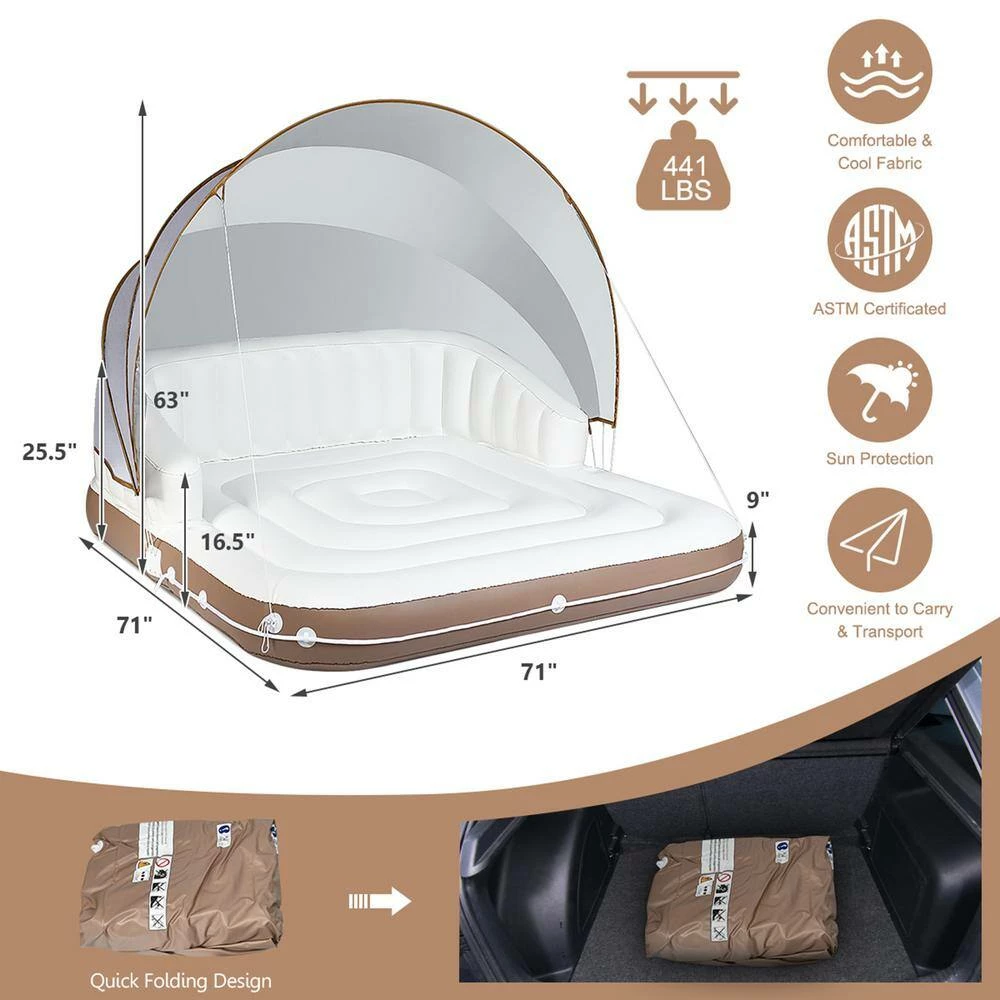 63 in. x 71 in. White PVC Floating Canopy Island Inflatable Pool Float Lounge Raft with Retractable Canopy by Gymax 6 63 in. x 71 in. White PVC Floating Canopy Island Inflatable Pool Float Lounge Raft with Retractable Canopy by Gymax - Image 4