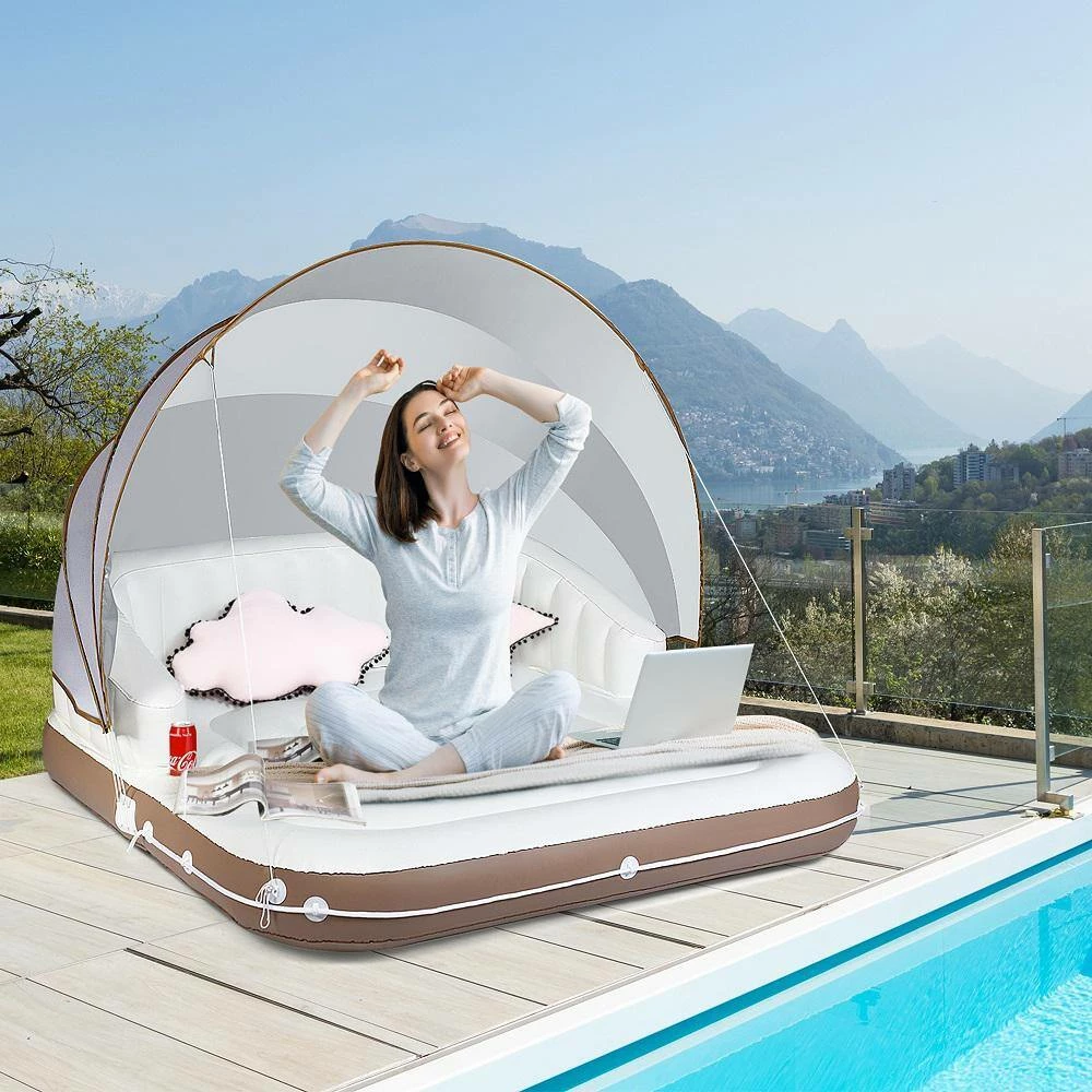 63 in. x 71 in. White PVC Floating Canopy Island Inflatable Pool Float Lounge Raft with Retractable Canopy by Gymax 4 63 in. x 71 in. White PVC Floating Canopy Island Inflatable Pool Float Lounge Raft with Retractable Canopy by Gymax - Image 2