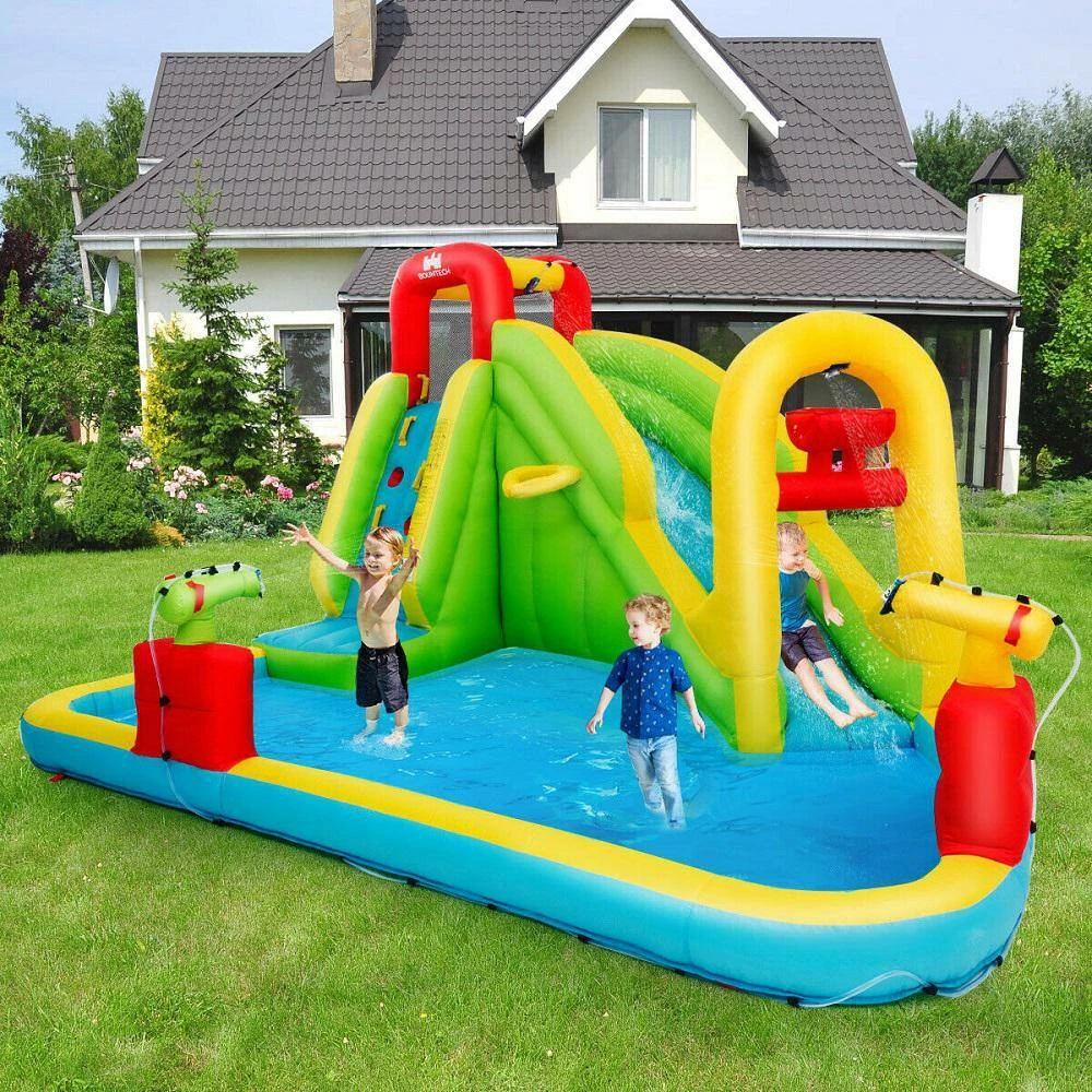 157.5 in. x 132 in. x 90.5 in. Cloth Yellow Outdoor Inflatable Splash Water Bounce House Jump Slide w/Blower by Gymax 4 157.5 in. x 132 in. x 90.5 in. Cloth Yellow Outdoor Inflatable Splash Water Bounce House Jump Slide w/Blower by Gymax - Image 2